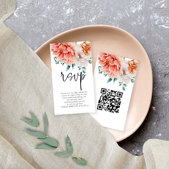 Carte D'accompagnement Peach Peonies Florals Script QR Code Mariage RSVP (Créateur téléchargé)