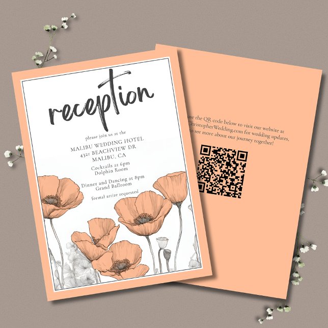 Carte D'accompagnement Peach Poppies Floral Elégante Réception De Mariage (Peach Floral Wedding Reception Enclosure Card with California Poppies and QR Code.)