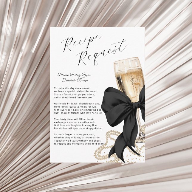 Carte D'accompagnement Pearls & Prosecco Bridal Recipe Black Bow (Coquette Black Bow & Pearls Bridal Shower Enclosure card)