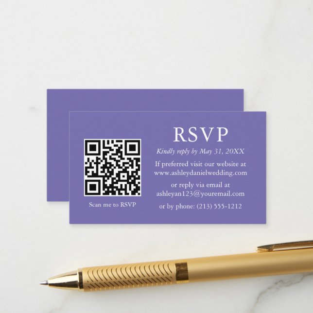 Carte D'accompagnement Périwinkle Mariage minimal QR RSVP (Devant/Arrière en situation)