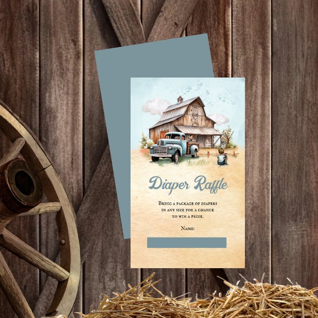 Carte D'accompagnement Petit Baby shower fermier mignon Raffle de couche ("A Cute Little Farm Boy Is On His Way!" Rustic Barn Vintage Truck Boy Baby Shower Diaper Raffle Card)