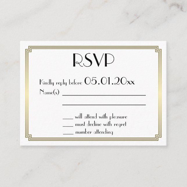Carte D'accompagnement Petit Grand Gatsby Art Déco Gold Blanc Mariage RSV (Devant)
