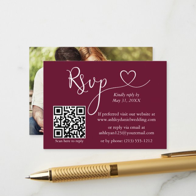 Carte D'accompagnement Photo de cœur de calligraphie Mariage Bourgogne QR (Devant/Arrière en situation)