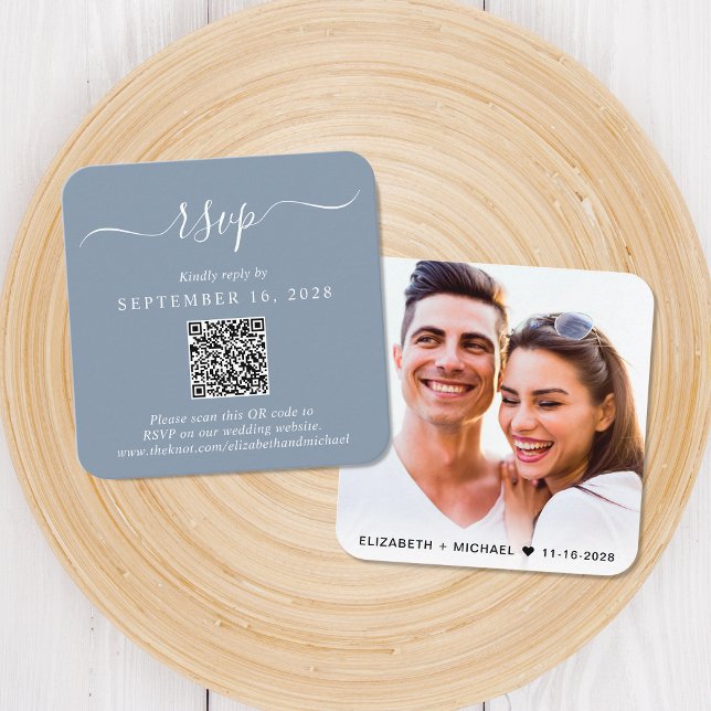 Carte D'accompagnement Photo moderne QR Code Dusty Blue Wedding RSVP (Our user-friendly template will generate your QR code automatically from your website address)