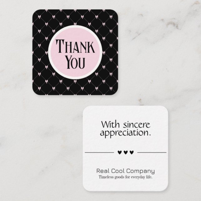 Carte D'accompagnement Pink & Black Bow Monogram Thank You Card (Devant / Derrière)
