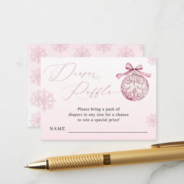 Carte D'accompagnement Pink Bow Christmas Ball Winter Girl Diaper Raffle (Devant/Arrière en situation)