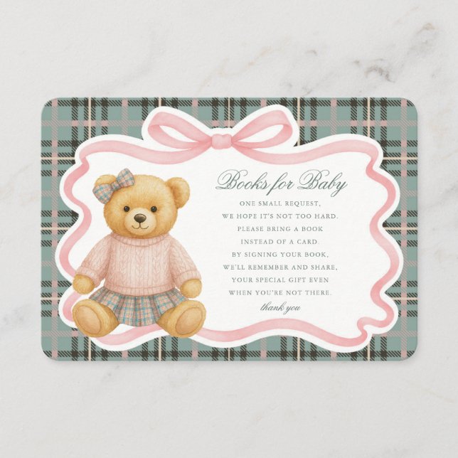 Carte D'accompagnement Pink Coquette Bow Bear Plaid Books for Baby Card (Devant)