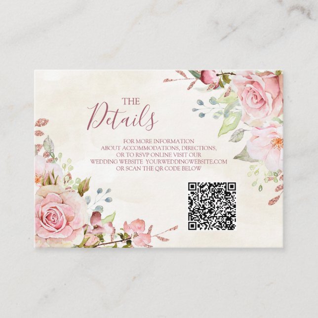 Carte D'accompagnement Pink Floral Spring Wedding QR code Details Insert (Devant)