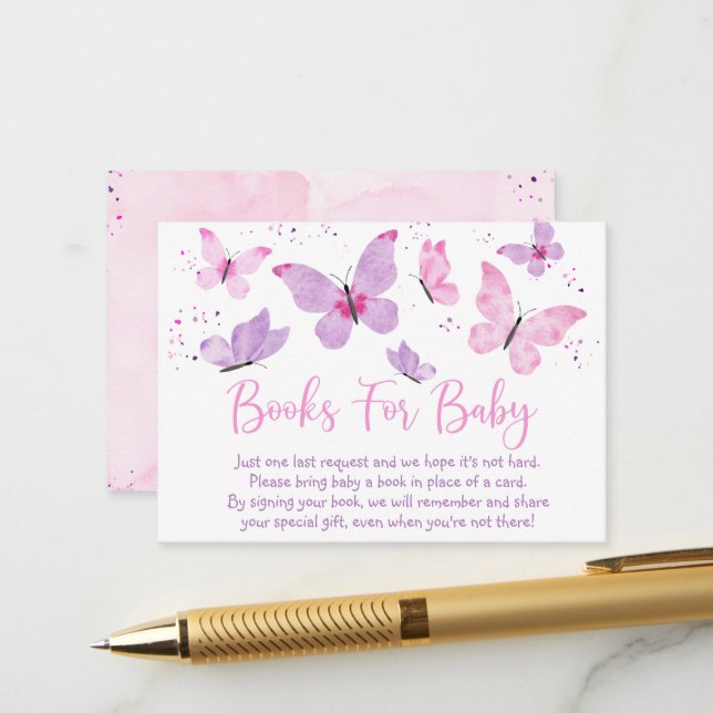 Carte D'accompagnement Pink Purple Papillon Baby shower Demande de réserv (Devant/Arrière en situation)