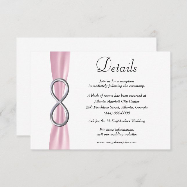 Carte D'accompagnement Pink Ribbon Silver Infinity Détails du Mariage (Devant / Derrière)