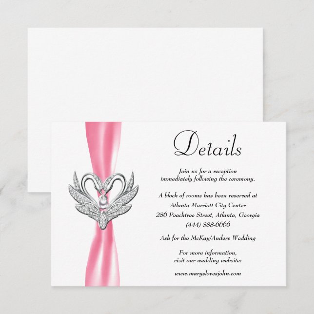 Carte D'accompagnement Pink Ribbon Silver Swans Détails du Mariage (Devant / Derrière)