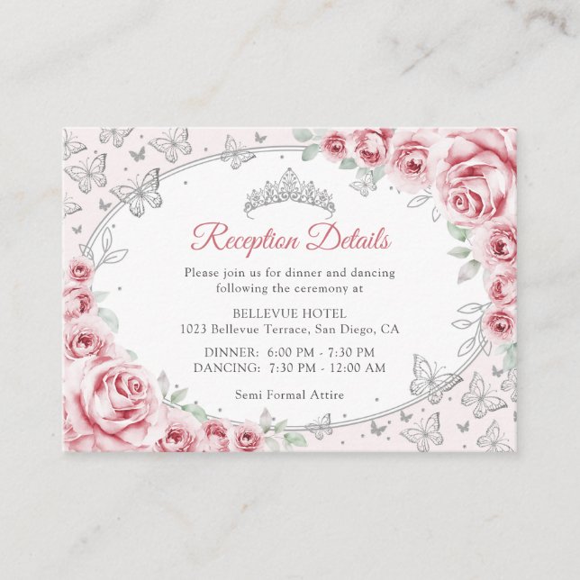Carte D'accompagnement Pink Silver Quinceanera Reception Details (Devant)