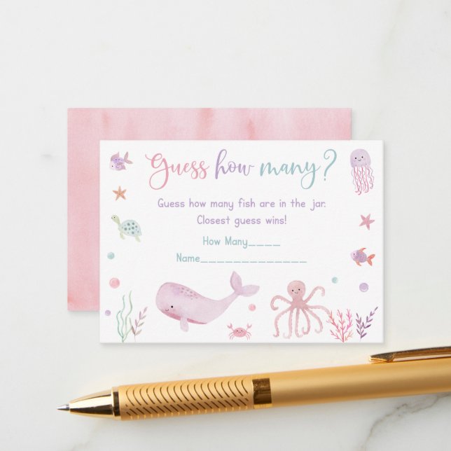 Carte D'accompagnement Pink Under the Sea Anniversaire Devinez combien de (Devant/Arrière en situation)