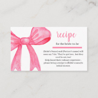 Carte D'accompagnement Pink Watercolor Bow Coquette Recipe Request