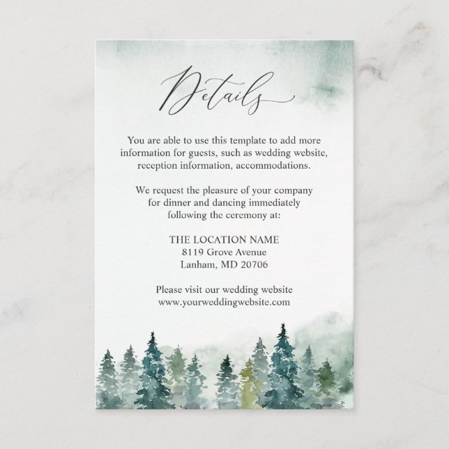 Carte D'accompagnement Pins de forêt d'hiver Mariage Détails de la récept (Devant)