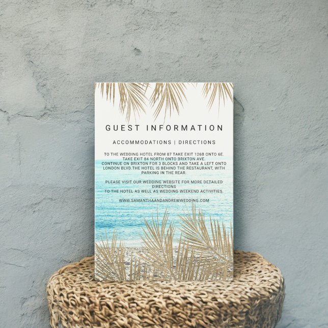 Carte D'accompagnement Plage de palmier doré moderne insérer détails mari (Modern gold palm tree beach insert details wedding)