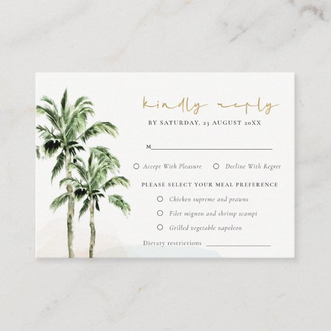 Carte D'accompagnement Plage Tropicale Palmiers Mariage Rsvp Repas Régime (Devant)
