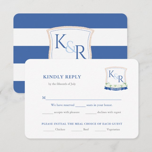 Carte D'accompagnement Plat bleu Mariage Crest Choix de repas RSVP (Devant / Derrière)
