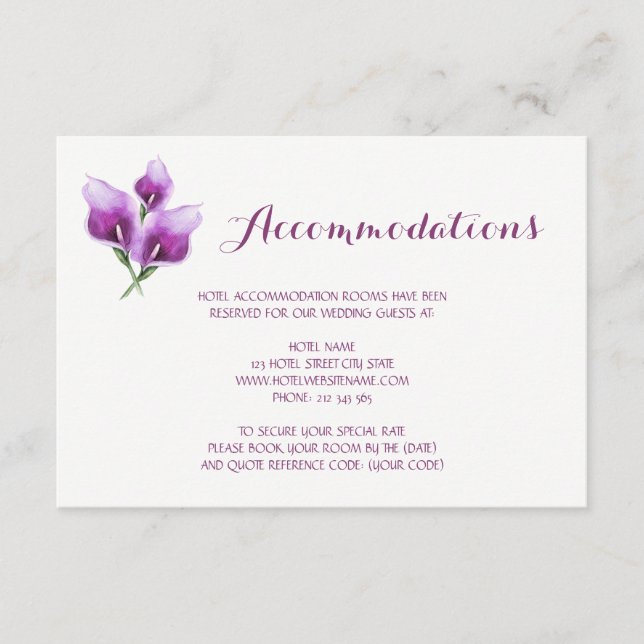 Carte D'accompagnement Plat Calla Lily Floral Mariage Logement (Devant)