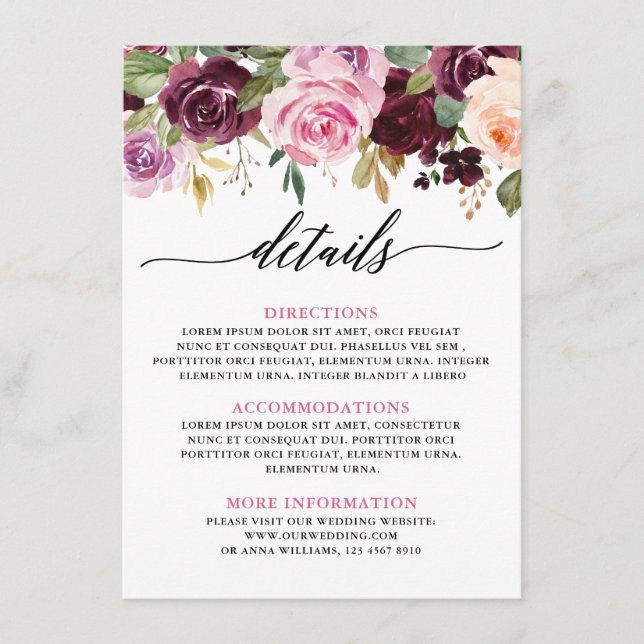 Carte D'accompagnement Plum Purple Blush Rose Botanique Détails (Devant)