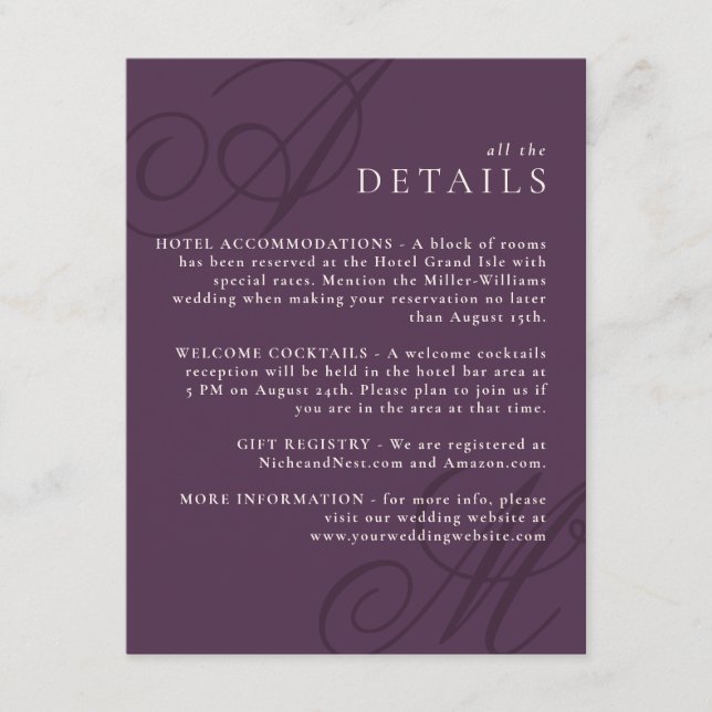 Carte D'accompagnement Plum Purple Moderne Edge Élégant Monogramme Détail (Devant)