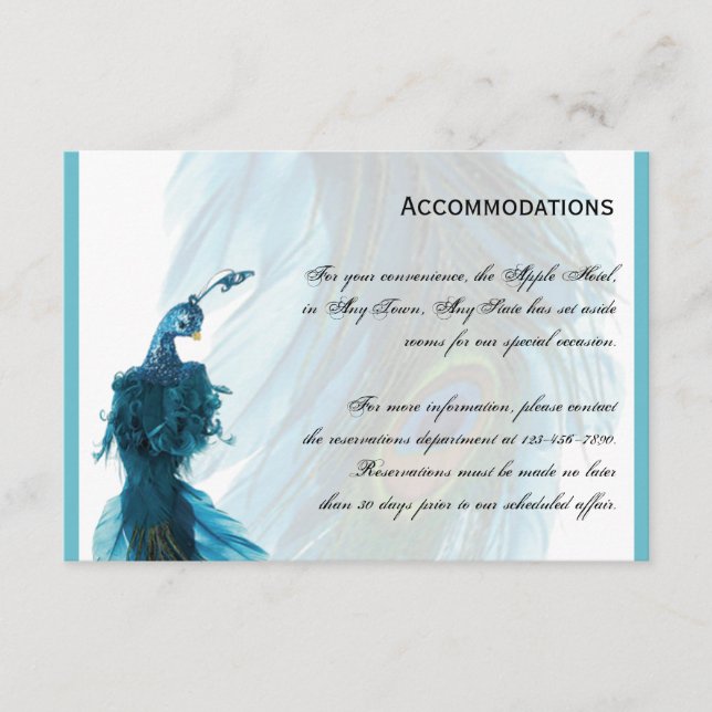 Carte D'accompagnement Plume Peacock Bleu turquoise Hébergements (Devant)