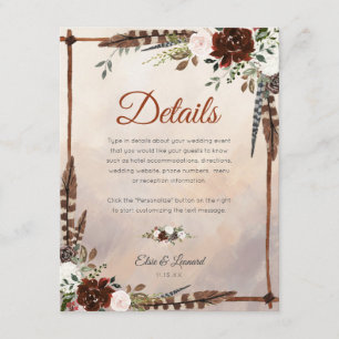 Carte D'accompagnement Plumes rustiques de bois et fleurs florales