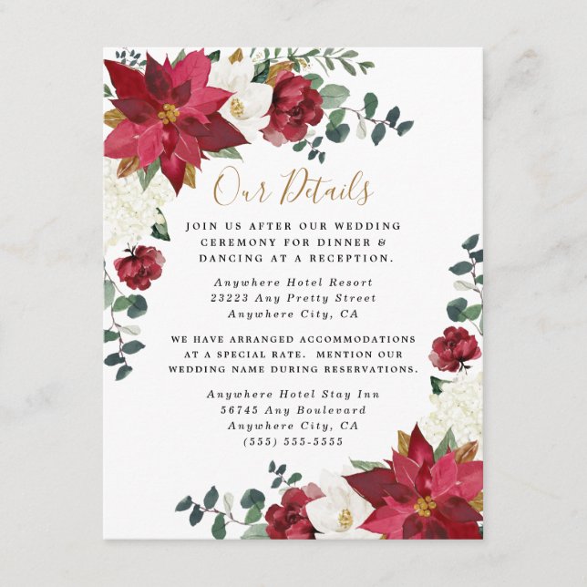 Carte D'accompagnement Poinsettia Elegant Rouge Or Blanc Floral Mariage (Devant)