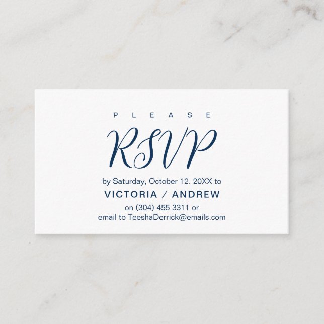 Carte D'accompagnement Police bleu marine esthétique, mariage RSVP répond (Devant)