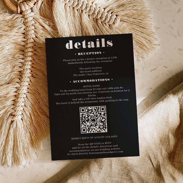 Carte D'accompagnement Police en gras détails mariage Qr code moderne noi (Bold font wedding details Qr code modern black Enclosure Card)