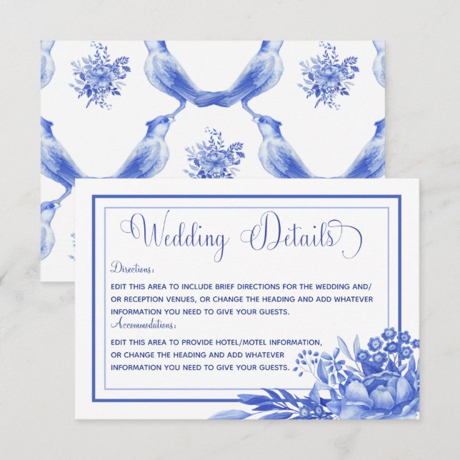 Carte D'accompagnement Porcelaine Florale Bleue & Blanc Détails Mariage (Devant / Derrière)