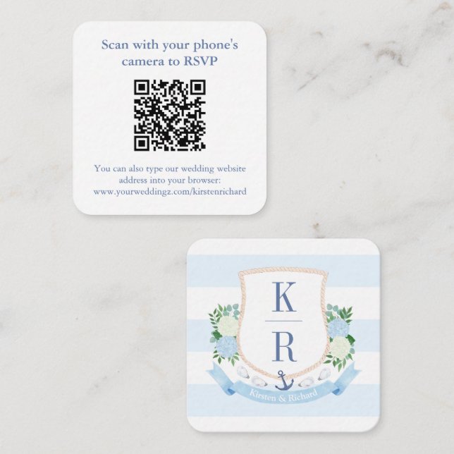 Carte D'accompagnement Préppy QR Code Monogramme côtier Mariage RSVP (Devant / Derrière)