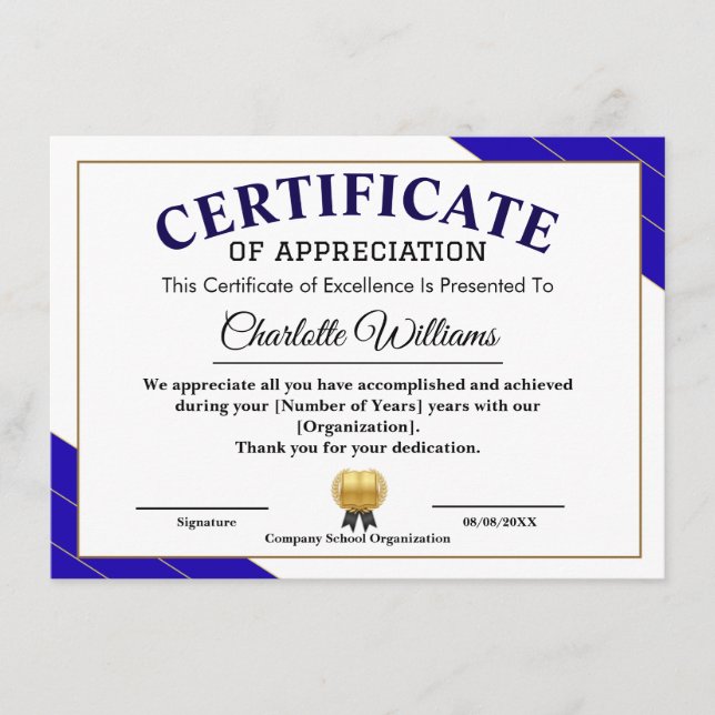 Carte D'accompagnement Professional Certificate of Appreciation Award (Devant)