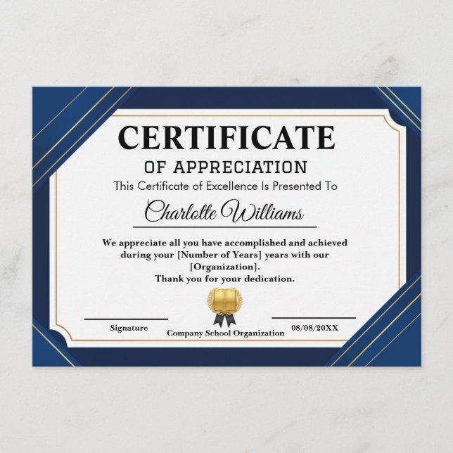 Carte D'accompagnement Professional Certificate of Appreciation Blue Gold (Devant)