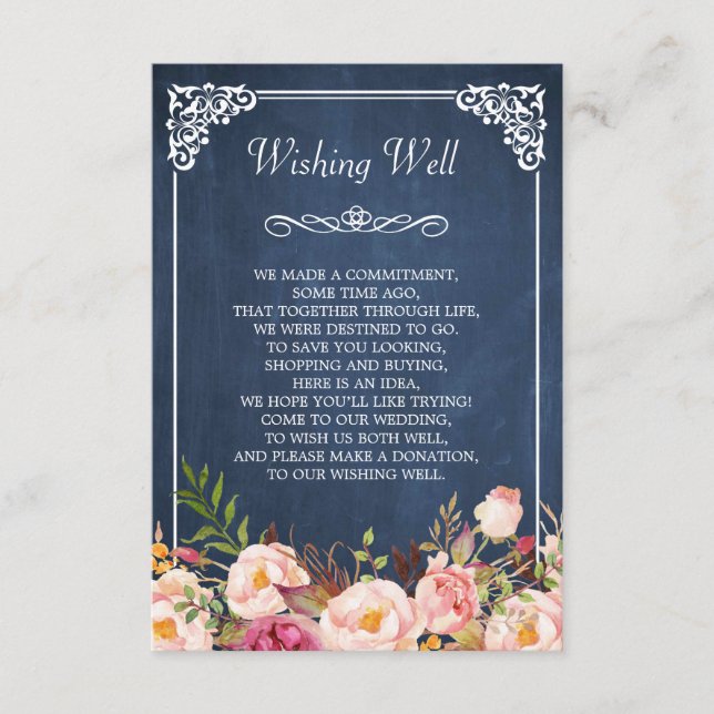 Carte D'accompagnement Puits de vœux de mariage Bleu Tableau Noir Floral  (Devant)