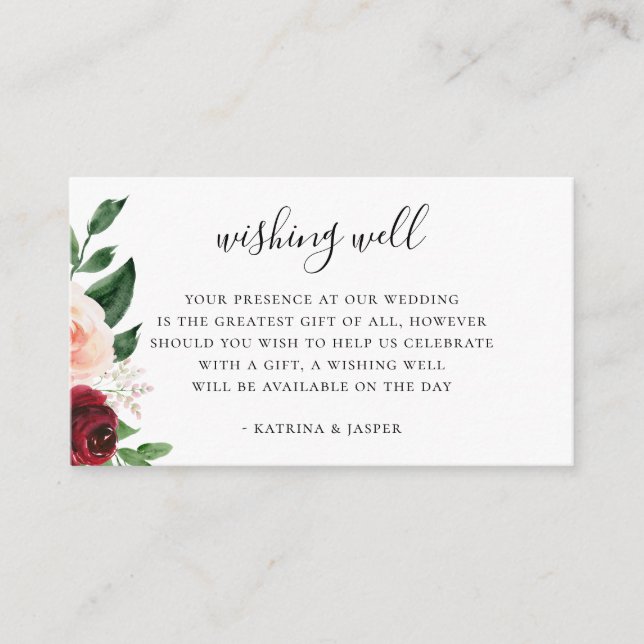 Carte D'accompagnement Puits de vœux de mariage floral rouge Bourgogne (Devant)