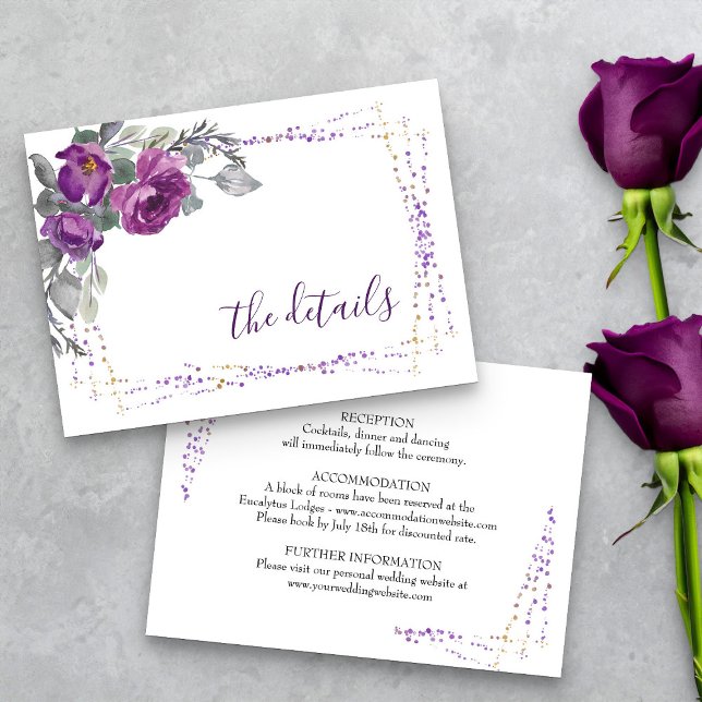 Carte D'accompagnement Purple Floral Élégant Script Détails du Mariage (Purple floral details insert card from my Plush Purple Wedding Collection )