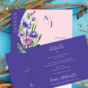 Carte D'accompagnement Purple Floral Monogram Blush Pink Détails du Maria