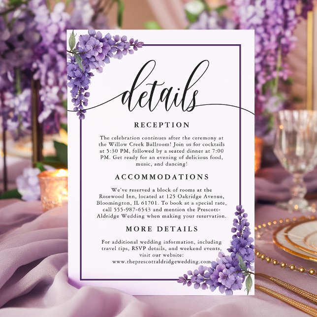 Carte D'accompagnement Purple Floral Wisteria Corners Mariage Détails (Créateur téléchargé)