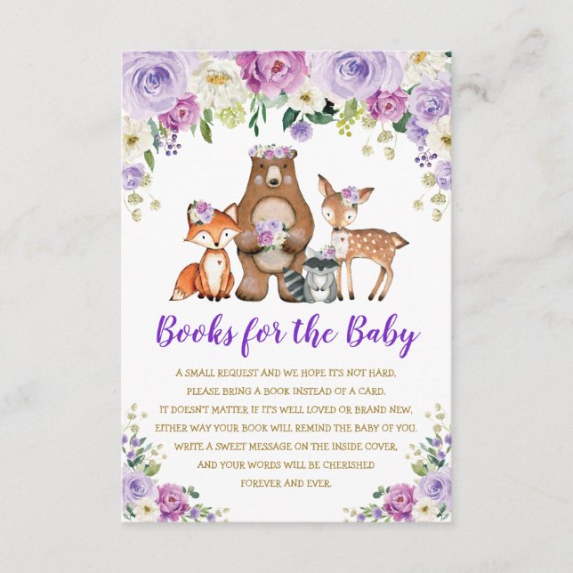 Carte D'accompagnement Purple Gold Floral Woodland Animaux Livres pour bé (Devant)