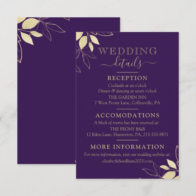 Carte D'accompagnement Purple & Gold Foliage Mariage botanique moderne (Devant / Derrière)