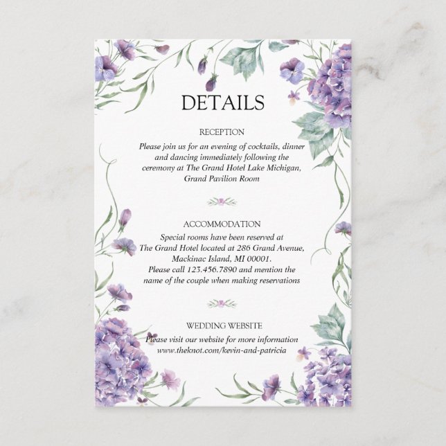 Carte D'accompagnement Purple Hydrangea Floral Aquarelle Détails du Maria (Devant)