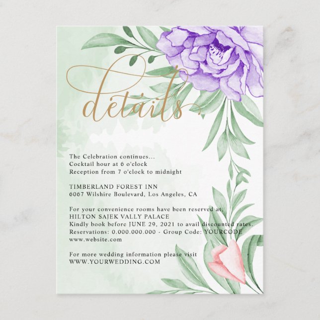 Carte D'accompagnement Purple Peony Rose Greenery Feuilles Mariages Détai (Devant)