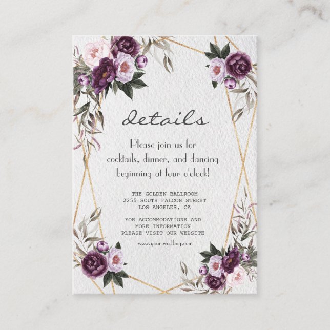 Carte D'accompagnement Purple Pink Peony Flowers Gold Détails du Mariage (Devant)