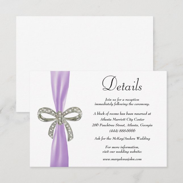 Carte D'accompagnement Purple Ribbon Diamond Bow Détails du Mariage (Devant / Derrière)