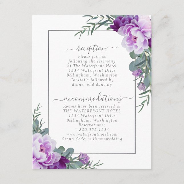 Carte D'accompagnement Purple & Silver Elegant Floral Détails du Mariage (Devant)