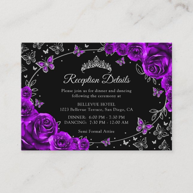 Carte D'accompagnement Purple Silver Quinceanera Reception Details (Devant)