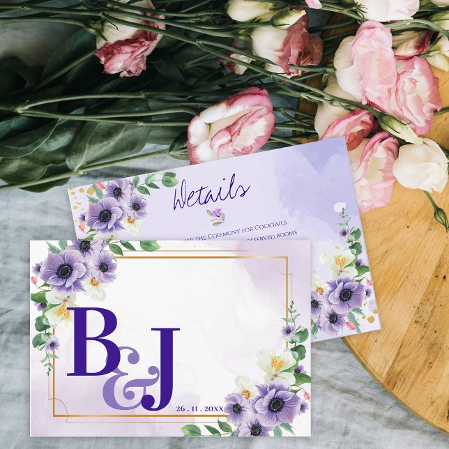 Carte D'accompagnement Purple White Floral Gold Frame Wedding Details (Purple White Floral Gold Frame Wedding Details Enclosure Card)
