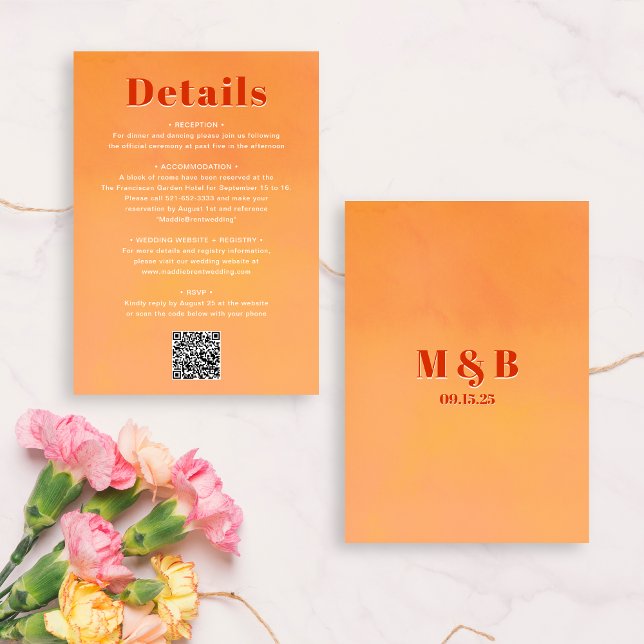 Carte D'accompagnement QR Code Bold Modern Orange Sunset Wedding Details (Créateur téléchargé)