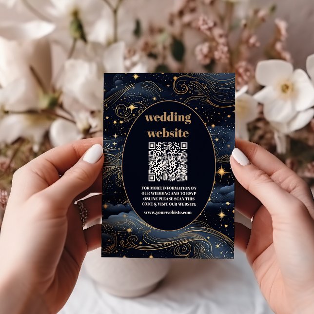 Carte D'accompagnement qr code Celestial Midnight Blue Stars Moon Mariage (Créateur téléchargé)